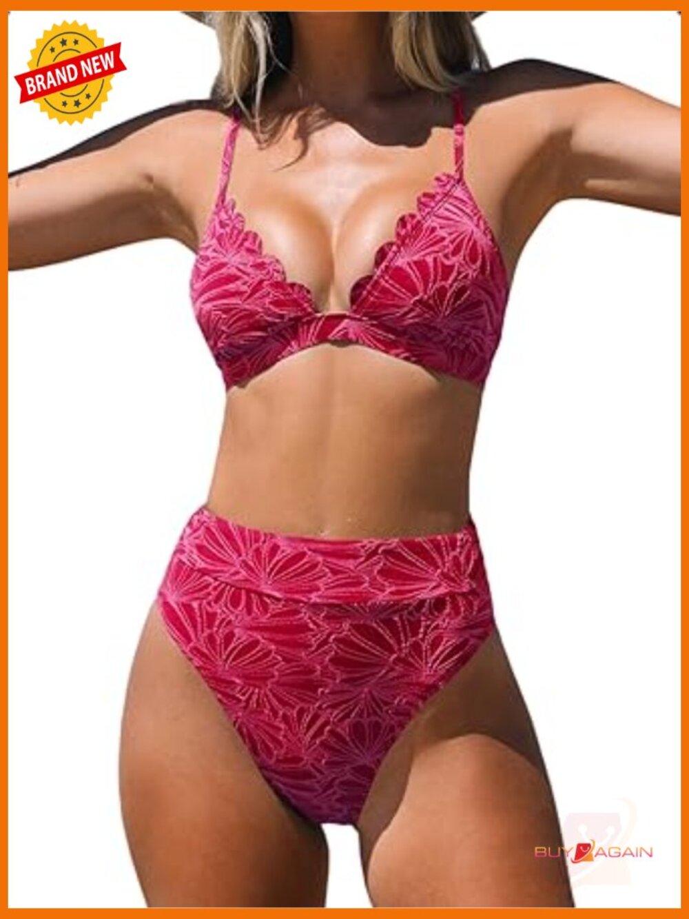 High Waisted Scalloped Bikini Set V Neck Two Piece Swimsuit
